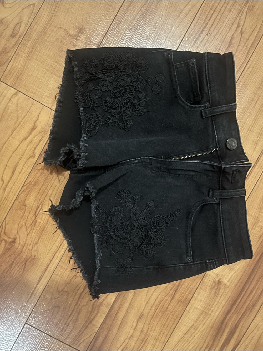 American Eagle Outfitters Black Lace-Applique Frayed Denim Shorts